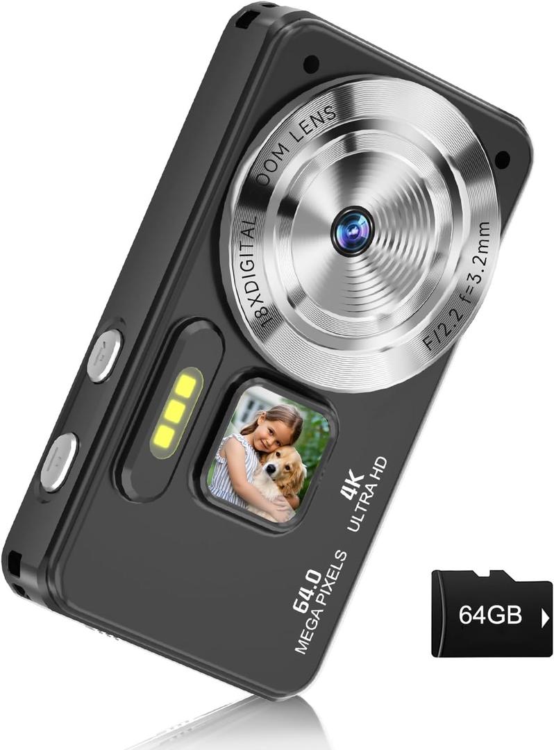 Digital Camera, Autofocus 4K 64MP Point and Shoot Digital Cameras for Teens with 64GB Card, 18X Zoom Anti-Shake Compact Video Camera for Student Kids Boys Girls Beginner - Black