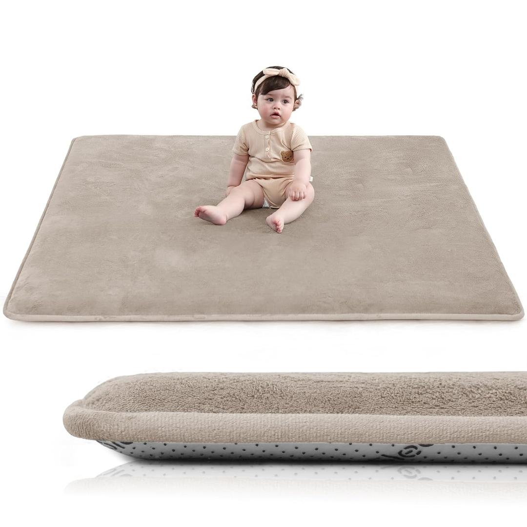 Huloo Sleep Baby Play Mat for Floor, 1.3" Thick Elasti-Foam 50"×50" Playpen Mat for Tummy Time, Water Repellent Soft Coral Velvet for Toddler, Infant, Kids, Non-Slip Backing Safe for Crawling (Beige)