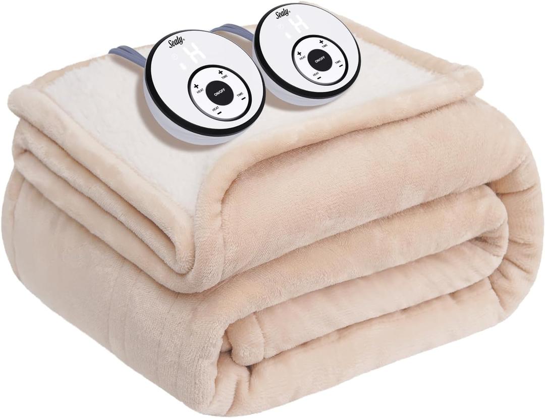 Sealy Electric Blanket Queen 84"*90",Super Cozy Flannel to Sherpa Reversible Heated Blanket Queen Size with 10 Heating Levels & 1-12 Hours Auto Off Overheating Protection Machine Washable,Beige