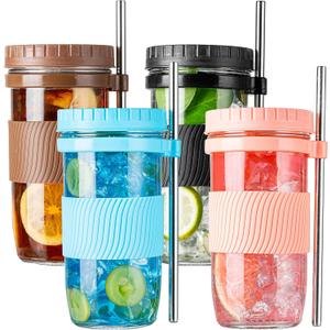 4 Pack Bubble Tea Cup, 24oz Iced Coffee Cups, Mason Jar with & Straws & 4 Airtight Lids, Reusable Wide Mouth Smoothie Boba Cup, Clean Brush, Glass Cups, Travel Drinking Bottle