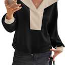 Fisoew Womens Cropped Oversized Sweatshirt Casual Lapel V Neck Long Sleeve Contrast Drawstring Loose Fit Fall Pullover Tops (Large, Black)