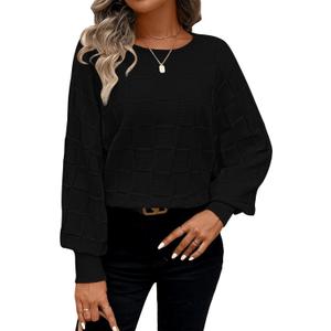 Pink Queen Women's Fall Sweaters 2024 Casual Long Batwing Sleeve Oversized Crewneck Pullover Winter Fashion Trendy Outfits (Medium, Black)