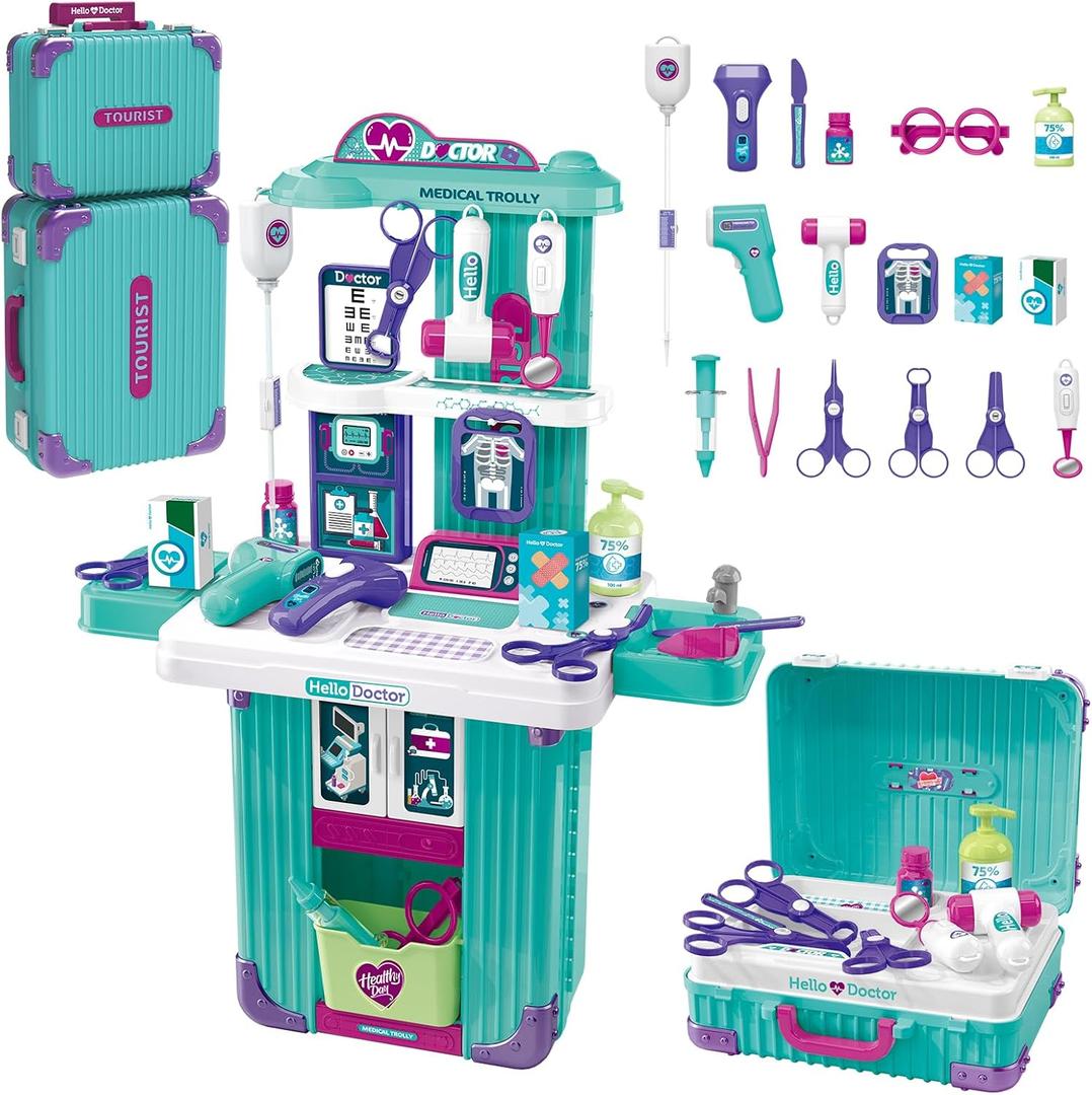 deAO Doctor Kit for Kids Pretend Play Set Doctor Kit for Toddlers 3-5 Doctor Medical Mobile Station Table Set Suitcase with Other Accessories, Fun Role Play Toys for Girls Boys Age 3+