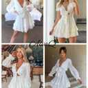 AlvaQ Dress for Women Long Sleeve Short Mini Dress Deep V Neck Ruffle Flowy Sundress Fashion 2025 White, Large