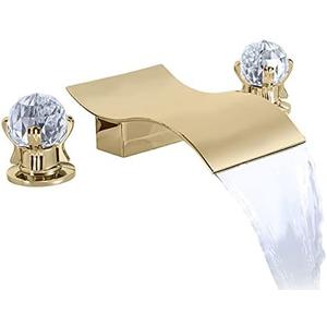 DEOLER Widespread Bathroom Sink Faucet with Crystal Knob 3 Hole Waterfall Vanity Faucet 8 Inch Crystal Bathroom Faucets Deck Mount Basin Mixer Tap with Hose, Polished Gold