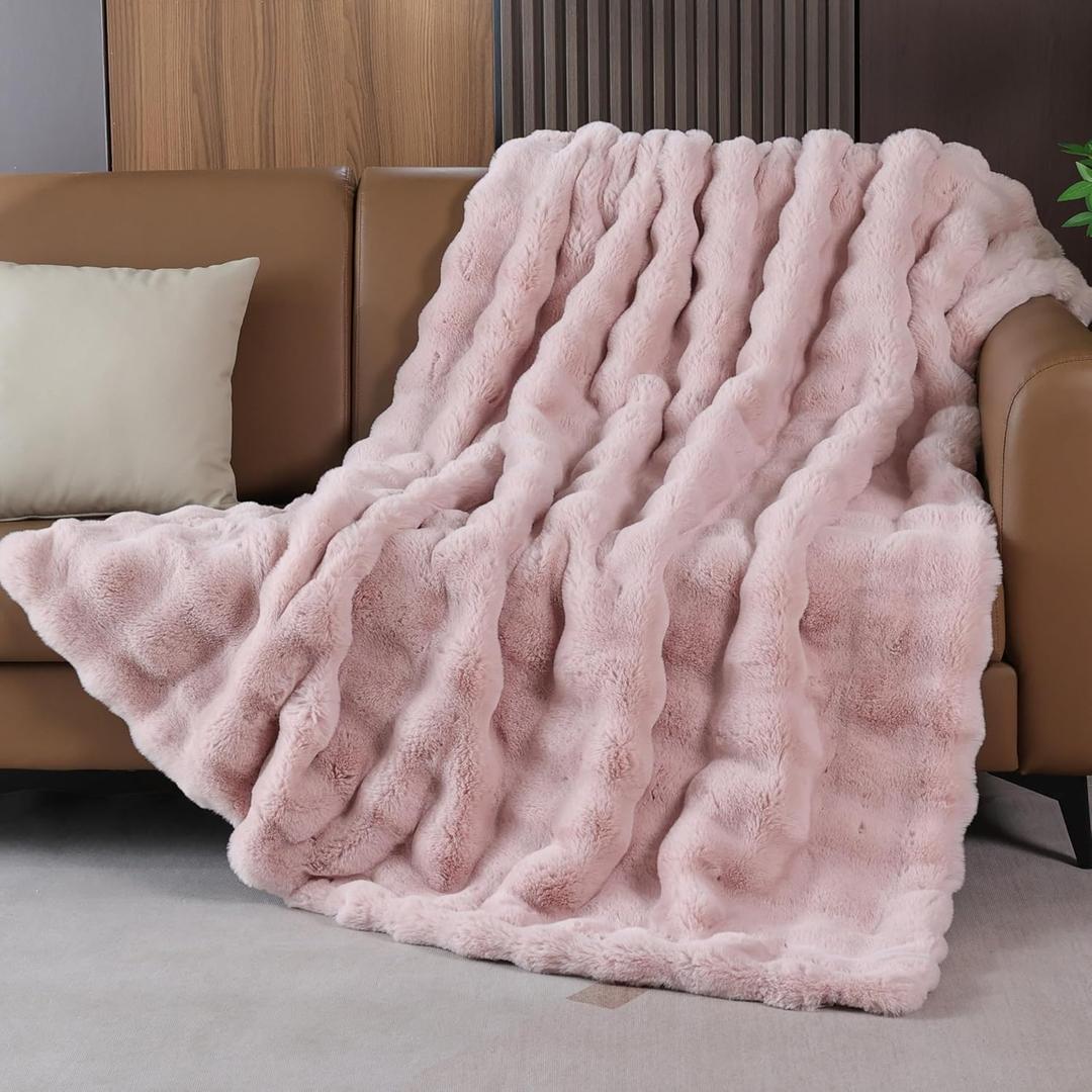 Pink Fluffy Faux Fur Throw Blanket for Bed Couch Living Room Fuzzy Bubble Cozy 50x60 Decorative Throw Blanket Rabbit Fur Bunny Blanket Girls Home Decor 860 GSM