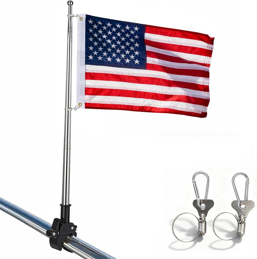 American Boat Flag with Pole, Embroidered Small USA ATV UTV Flag 12x18 inch for Boat with 53'' Adjustable Retractable Heavy Duty Flagpole Kit