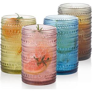 Vintage Glassware Set - 4pcs Multicolor 15.2oz Hobnail Drinking Glasses for Beer, Cocktail, Soda & Juice - Embossed Old Fashioned Glassware with Four Unique Colors
