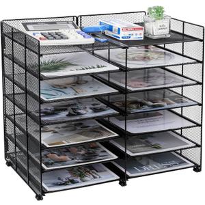 TQVAI 7-Tier Desk Paper Organizer, 12 Slots Mesh Countertop File Mail Organizer, Adjustable Sliding Shelves, Desktop Mailbox Cubbies for Office, Classroom, Black