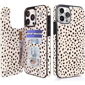 uCOLOR Compatible with iPhone 15 Pro Max 6.7" Wallet Case with Card Holder Slot Folio Flip Leather Kickstand Magnetic Clasp and RFID Blocking Design Cover 15PM 6.7 Inch (Almond Latte Polka Dot)
