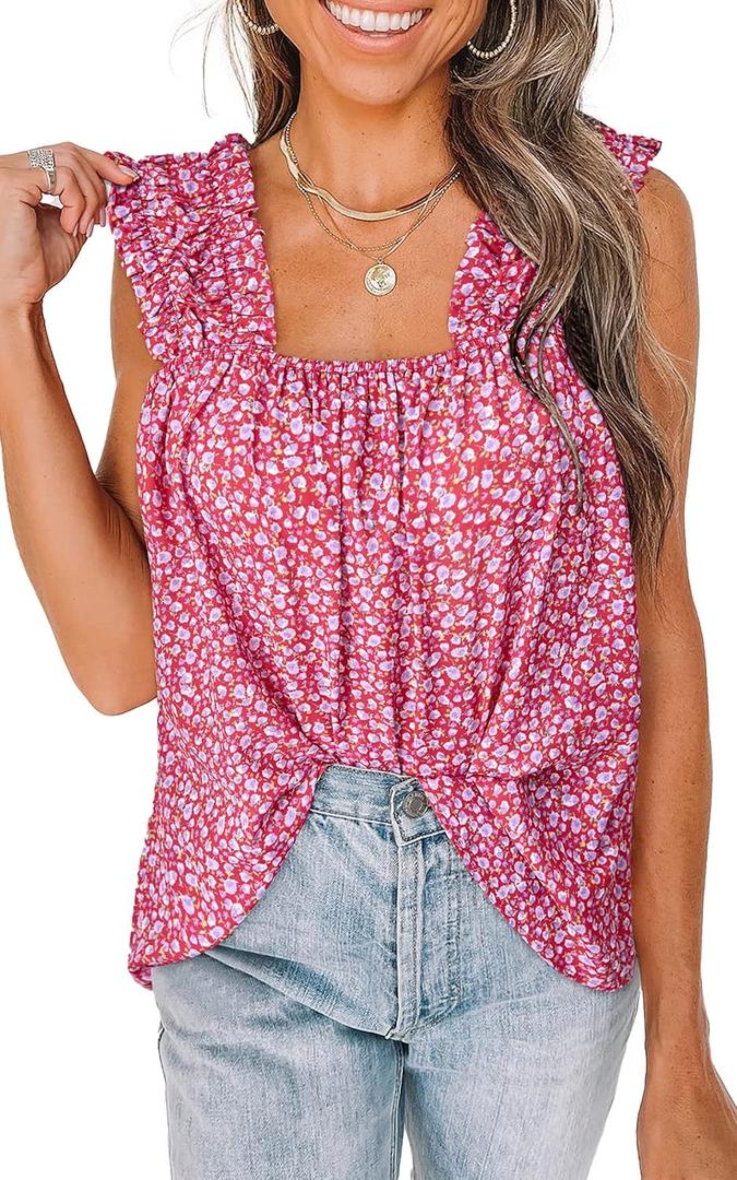 PRETTYGARDEN Boho Floral Tank Tops for Women, Shirred Straps Pleated Summer Casual Sleeveless Shirts Tops Beach Blouses, M