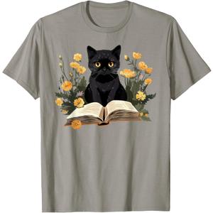Cat Shirts for Women Book Lover Shirt Cute Cat and Book T-Shirt