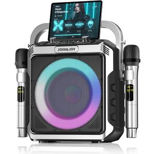 Portable Karaoke Machine, with Wireless Microphones, Bluetooth Party Speaker with LED Lights, Loud Subwoofer, USB/AUX, Outdoor Karaoke Speaker for Adults & Kids, Home & Party (Silver)
