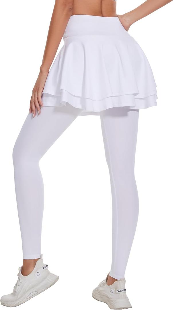 Ibeauti Womens UPF 50+ Yoga Skirted Capri Leggings Golf Tennis Pants with Skirt for Running Workout Active (Large, White-full)