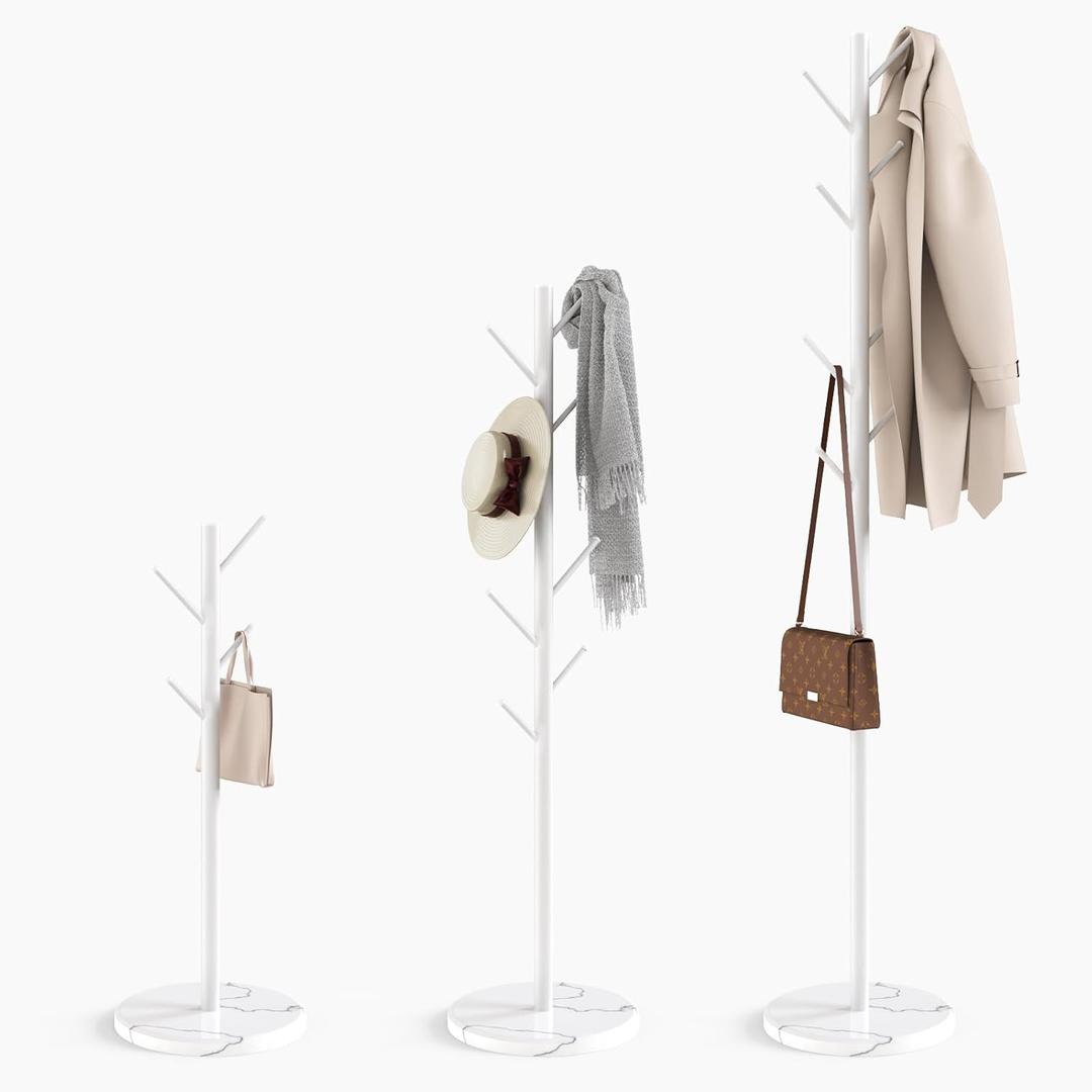 HzTinT Coat Rack with Natural Marble Base, Metal Freestanding Coat Rack with 8 Hooks, 3 Adjustable Size Sturdy Coat Tree for Bags, Coats, and Hats for Entryway, Hallway, Bedroom, Office, White