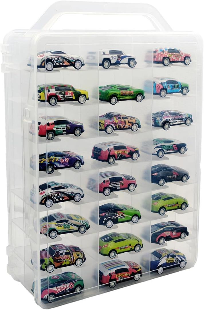 Adevar Double Sided 1/64 Scale Toy Car Storage Case Compatible with Matchbox Car Hot Wheels Storage Case,46 Slot Transparent Organizer for 48 Toy Cars,Case Only