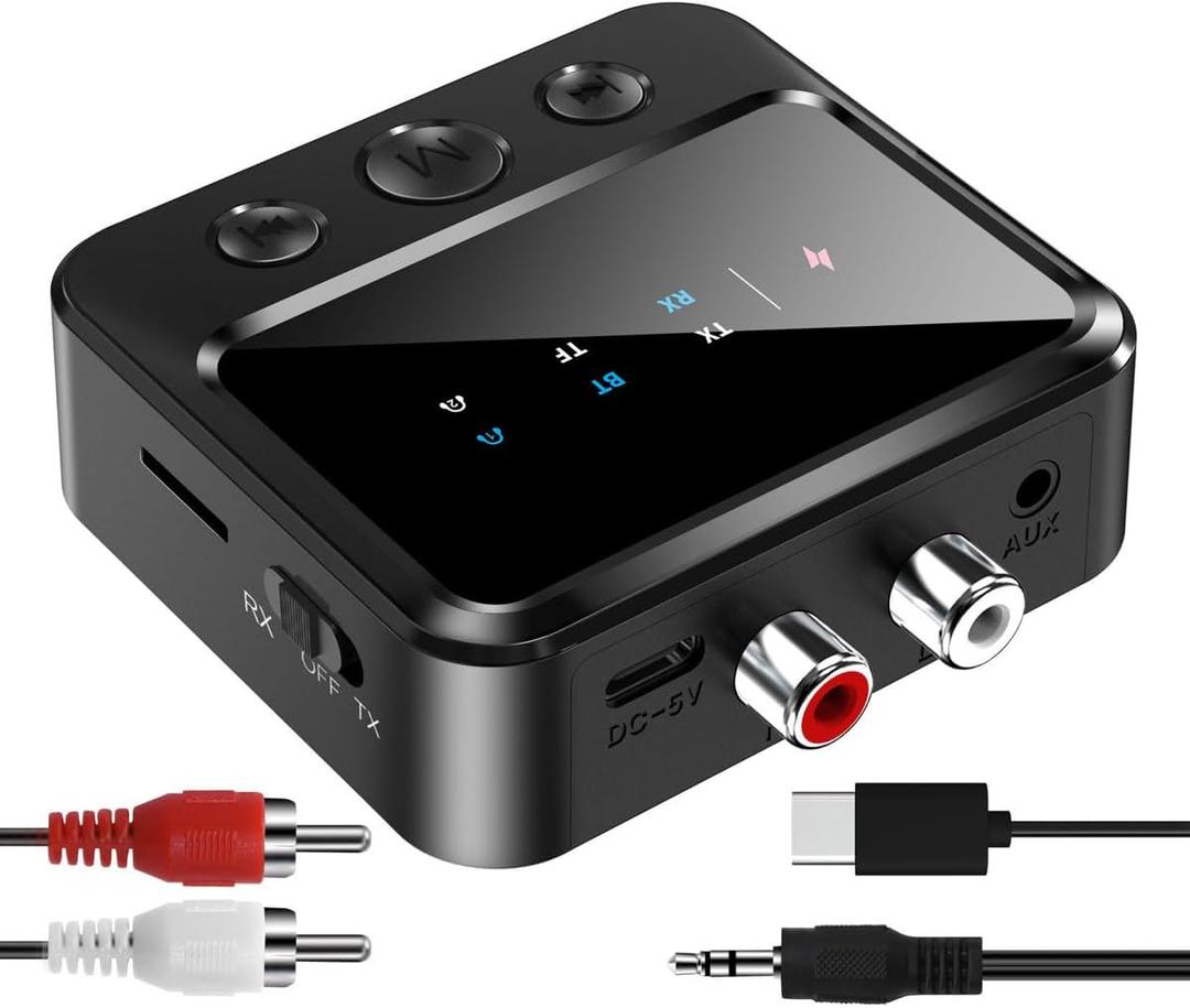 Bluetooth Transmitter for Airplane,Wireless BT 5.4 Transmitter Receiver 2 in1, Bluetooth Aux Adapter for Car 3.5mm Audio RCA Support Play TF Card, Black
