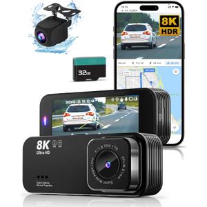 Dash Cam Front and Rear, 8K/2.5K UHD Dash Camera for Cars, Dash cam with 32GB Card, Built-in Wi-Fi & GPS, 3.16IPS Screen, Night Vision, 170Wide Angle, WDR, 24H Parking Mode