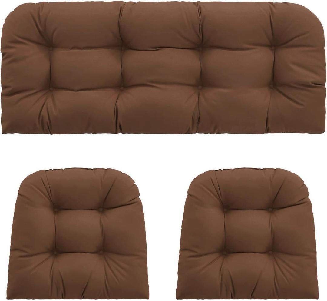 Outdoor Wicker Chair Cushions 3 Pieces for Patio Furniture, 1 Loveseat Cushion 44x22x4 and 2 U-Shaped Cushions 22x22x4, Indoor Outside Use, Fade-Resistant & Waterproof, Brown