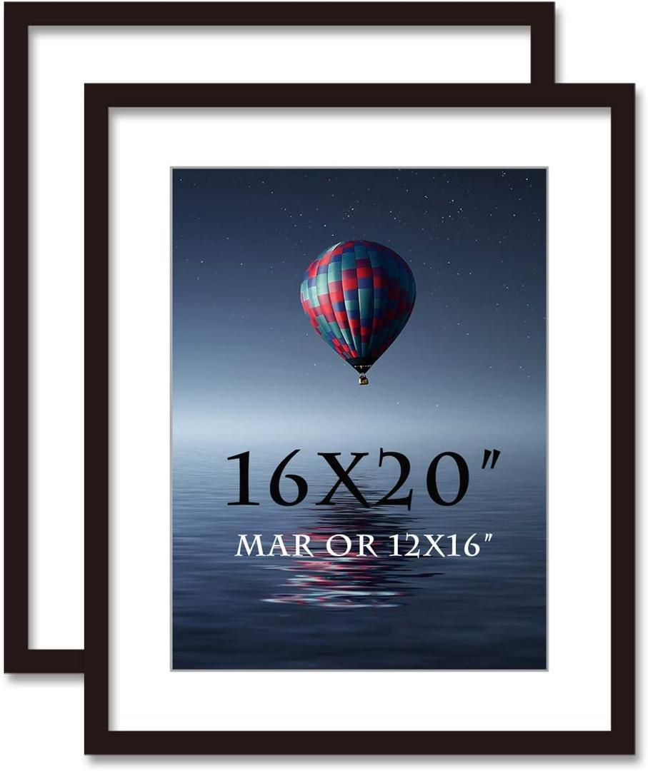 16x20inch Picture Frame 2 Pack Solid Wood Wall Mounting Certificate Poster Photo Frame with MAT Display Pictures 12x16in (Black)