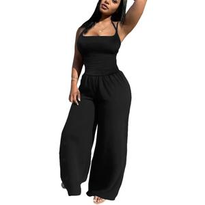 HBQ Women's 2 Piece Sets Casual Spaghetti Strap Top Wide Leg Pants Vacation Lounge Matching Outfits (Black, M)