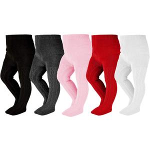 Epeius Little Girl Tights Kids Baby Girl Seamless Cable Knit Leggings Thick Solid Cotton Tights Stockings Pantyhose for 4-6 Years 5 Pair Pack, Black/ White/ Dark Grey/ Pink/ Burgundy