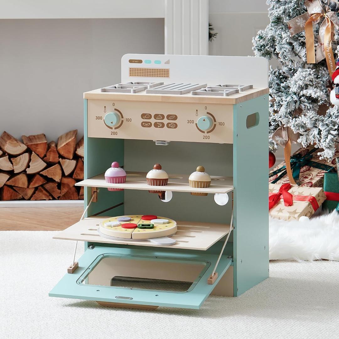 ROBOTIME Wooden Toy Kitchen Oven Playset, Montessori Pretend Play Kitchen Accessories with Pizza and Cupcakes Food Toys, Wooden Pizza Oven Set Toys for Toddlers & Kids, WCF28, 16 inches x 11.8 inches x 22.5 inches