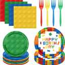 96PCS Building Blocks Birthday Party Supplies Building Blocks Themed Party Decorations Colorful Paper Plates Napkins Forks Set for Boys Kid’s Birthday Party Decor