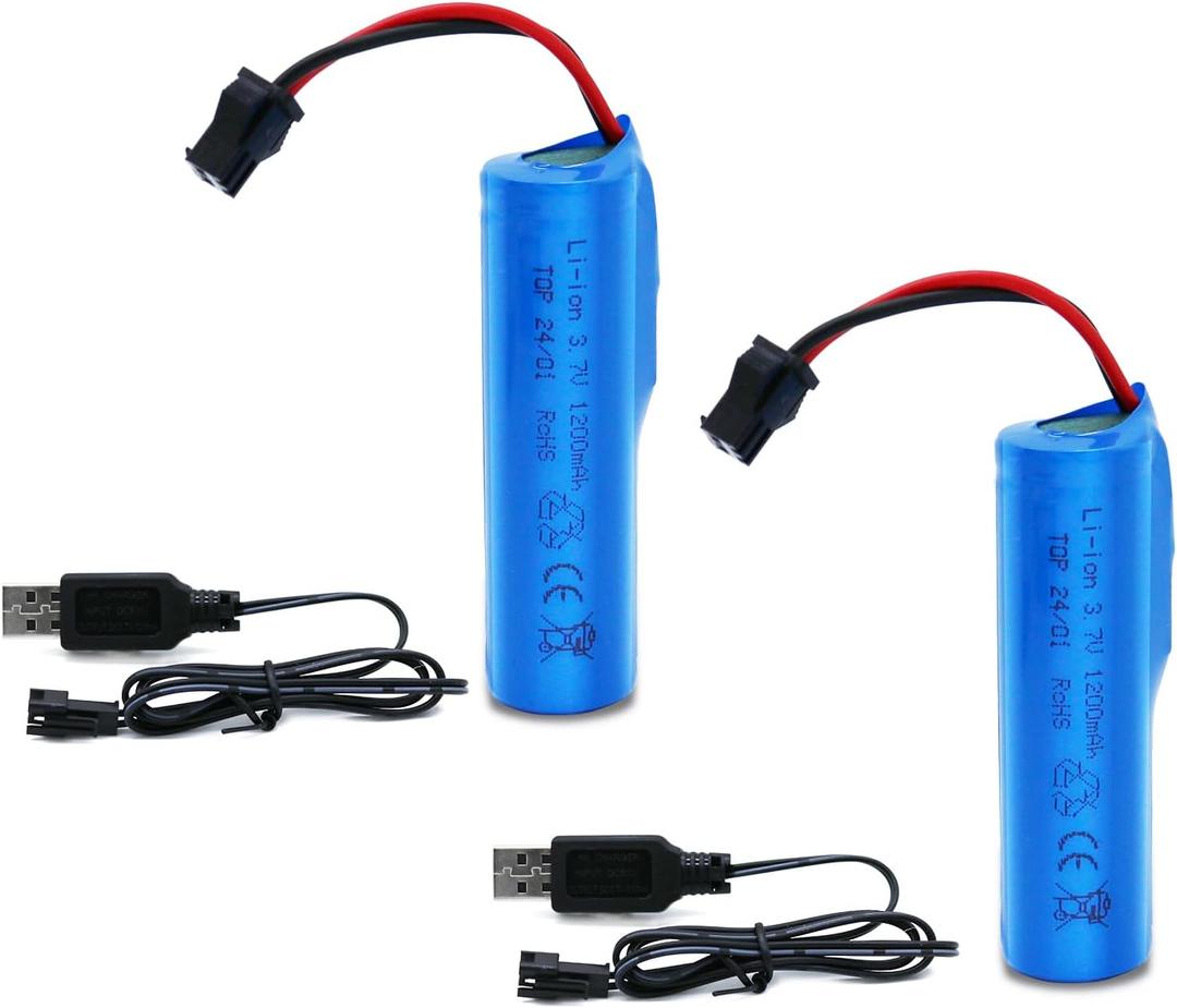 3.7V Li-ion Battery 1200mAh - 2 Pack Rechargeable Batteries SM-2P Plug with 2 USB Charger Cable for Remote Control Cars Toy Monster Off-Road Trucks Racing RC Car