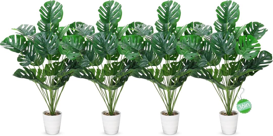 Crowye 4 Pack 36 Inch Artificial Monstera Deliciosa Plants in White Pots, Fake Tropical Palm Fronds Tree with Turtle Leaves Greenery Stem, Faux Swiss Cheese Plant for Floor Office Home Wedding Party