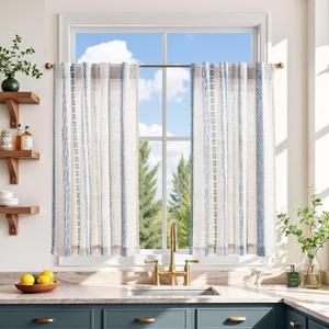 jinchan Boho Kitchen Curtains 36 Inch Linen Tier Curtains with Geometric Pattern Bohemian Cafe Small Light Filtering Window Treatment for Living Room RV Back Tab 2 Panels Blue on Linen, 26"W x 36"L