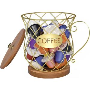 Generic Gold-HH Coffee Pod Holder with Lid - Large Capacity Coffee Creamer Holder & Organizer - Countertop Coffee Decor Station for Pods, Espresso, Capsules, Creamer