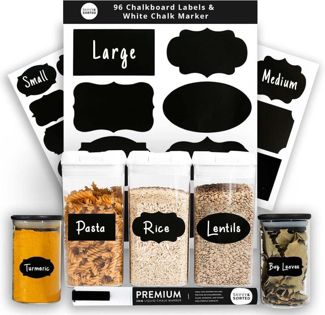 96 Chalkboard Labels for Storage Bins, Chalkboard Stickers with Chalk Maker, Chalk Labels for Kitchen Containers and Organizing, Removable Black Food Pantry Label Stickers for Jars Glass Bottles