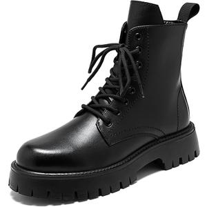 QEOSNBX Men'S Black Patent Leather Platform Combat Boots Fashion Side Zipper Wide Toe Lace Up Chunky Lug Sole High Top Motorcycle Boots Comfort Waterproof Non-Slip Casual Ankle Booties (11)