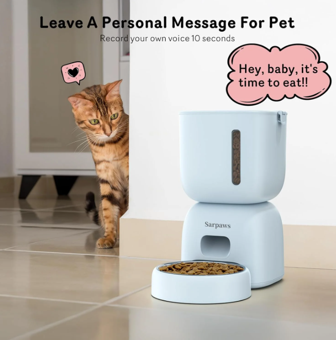 Automatic Cat Feeder and Water Dispenser FW1, Wire or Battery Cat Food Dispenser Timer Pet Feeder - Locking Lid, Desiccant Bag, Programmable Portion Control, 4 Daily Meals, 10s Voice Recorder-Blue