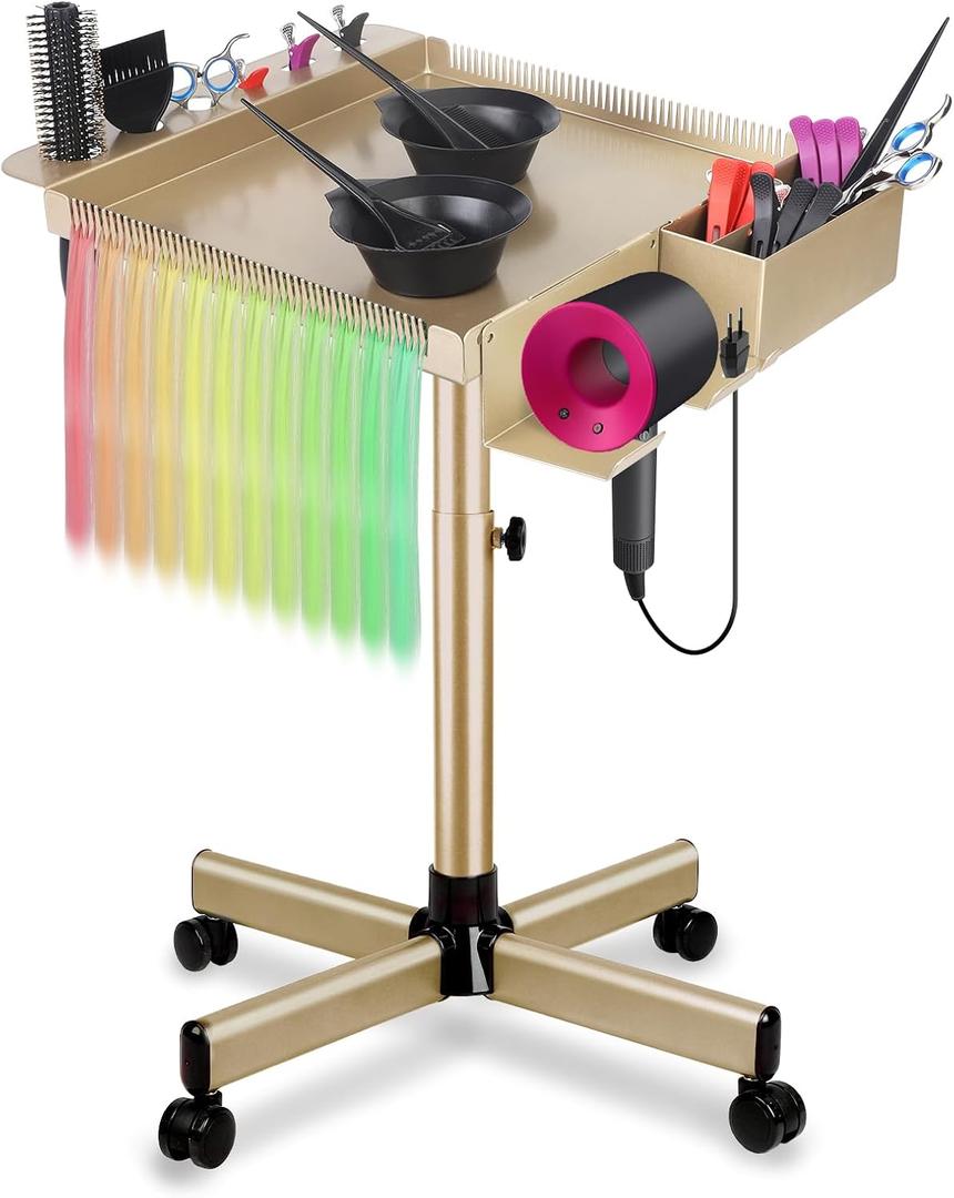 Salon Rolling Tray on Wheels with Adjustable Height - Salon & Spa Service Tray for Hair Stylist, Tattoo & Dental Use (Gold)