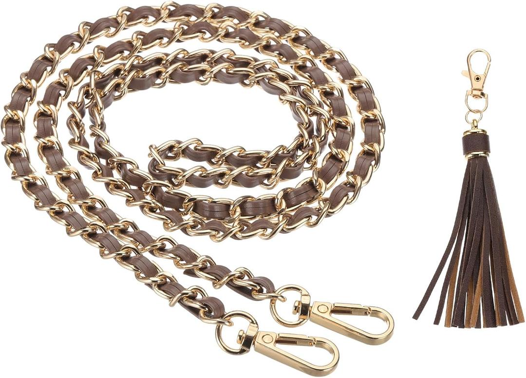 PATIKIL Purse Chain Strap, 47 Inch Leather Chain Straps Purse Strap Replacement Flat Chain Strap with Tassel for Crossbody Bag Handbag Woman, Coffee/Gold