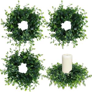 Mini Green Boxwood Candle Rings Wreaths Spring Summer Kitchen Cabinet Swags Wreath 3 Inch Wedding Rings Wreaths Pillar Candle Holder for Wedding Home Door Tabletop Decor (4, Green Boxwood)