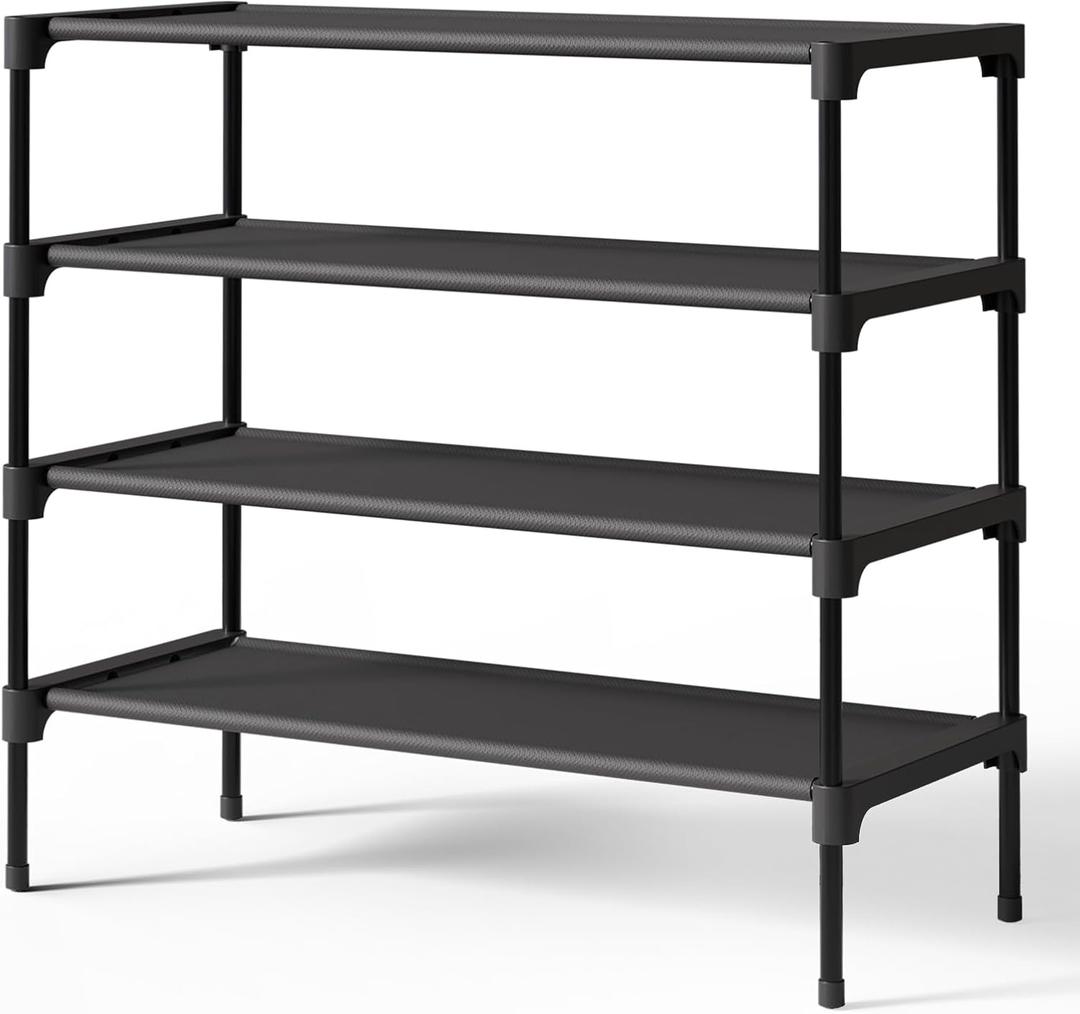 Kitsure Shoe Rack - Premium Non-Woven Shoe Rack Shelf, Shoe Organizer for Closet, Entryway, Garage & Corridor, Sturdy & Durable Long Stackable Shoe Shelves, X-Large, Black (27.5" Wide - 4 Tier)