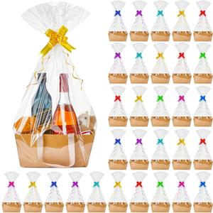 Tuanse 30 Pcs Basket for Gift Empty DIY Bulk Gift Basket Kit with Handle Kraft Cardboard Tray with 30 Bag 30 Bow Market Tray for Wedding Party(Brown,9.8 x 6.5 x 4.3 in)
