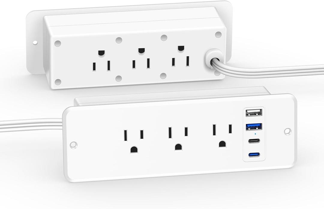 CCCEI 6 Outlets Dual Side Recessed Power Strip with USB C Ports, Furniture Flush Mount, Under Desk, Desk Top Multiple Outlets, Hidden Charging Station for Conference Table, Nightstand, White. 10FT.