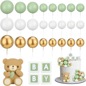 29 Pcs Ball Cake Toppers Bear Cake Decorations with Cute Bear BABY Letter Green Gold White Foam Balloon for Baby Shower Girl Boy (Green)
