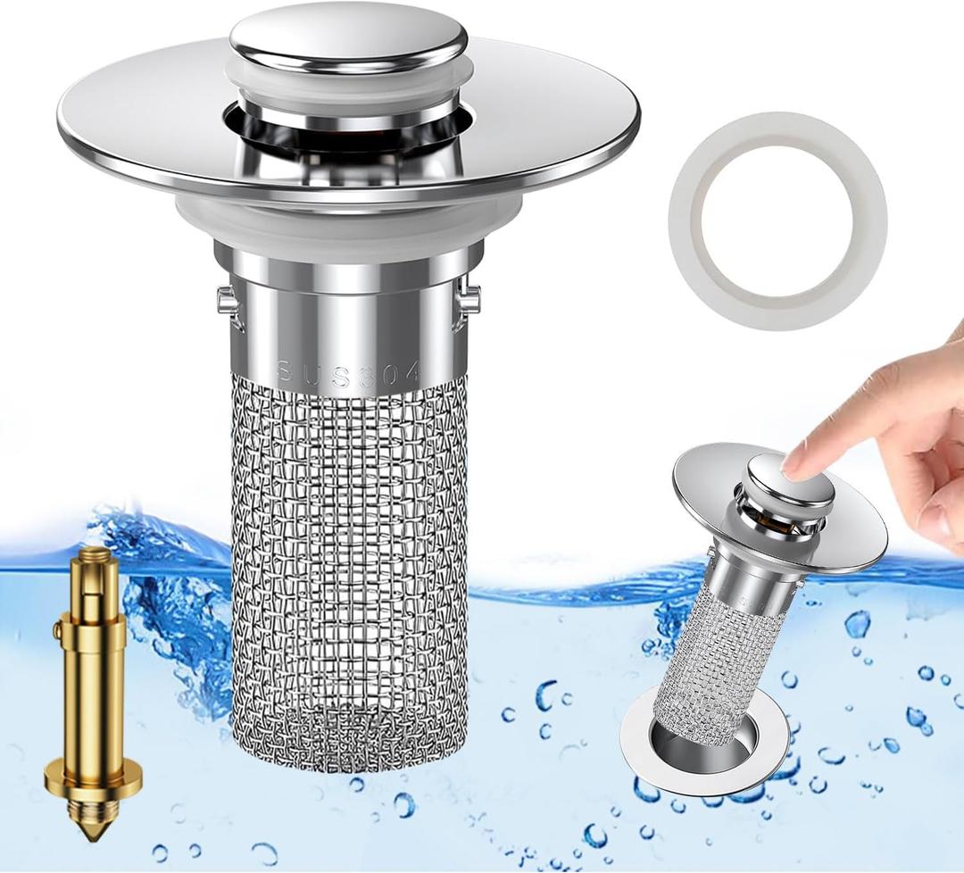 Sink Stopper Hair Catcher, Pop-up Sink Drain Strainer with Removable Stainless Steel Strainer Basket Hair Catcher, Bathroom Sink Strainer for Bathroom Sink Stopper Replacement. (1PCS) (1PACK)