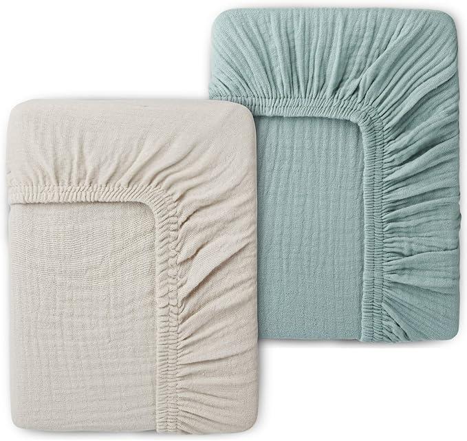 Muslin Fitted Crib Sheets for Girls & Boys-2 Pack 28"×10" Soft Baby Mattress Sheet-No Slip Boho Neutral Breathable Toddler Cotton Bedding Olive Green & Beige