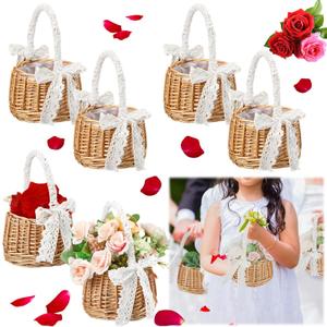 6 Pcs Wedding Flower Girl Basket Woven Storage Basket with Handle and Ribbon Wicker Rattan Flower Basket for Wedding Birthday Party Supplies Home Garden Decor