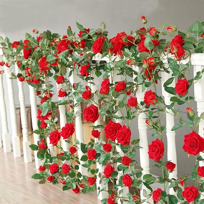 12Pack 32.2 FT Fake Rose Vine Flowers Plants Artificial Flower Garland Hanging Rose Ivy Home Hotel Office Wedding Party Garden Craft Art Decor (Red)