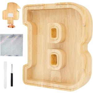 Letter Piggy Bank, Personalized Wooden Coin Banks, Large Wood Money Peny Bank for Adults (9", Alphabet B)