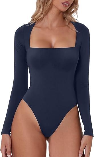 QINSEN Women's Sexy Square Neck Bodysuit Long Sleeve Double Lined Shirt Tops S