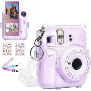 WOGOZAN Instant Mini 12 Clear Case for Fujifilm Instax Mini 12 Instant Film Camera, Camera Protective Case with Upgraded Back Pocket Hold 10 Films and Two Adjustable Strap (No Camera)