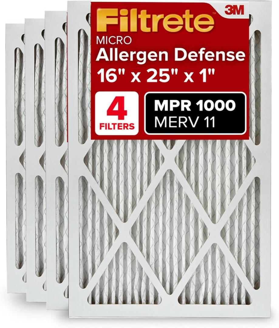 Filtrete 16x25x1 AC Furnace Air Filter, MERV 11, MPR 1000, Micro Allergen Defense, 3-Month Pleated 1-Inch Electrostatic Air Cleaning Filter, 4 Pack (Actual Size 15.69 x 24.69 x 0.81 in) (16 x 25 x 1)